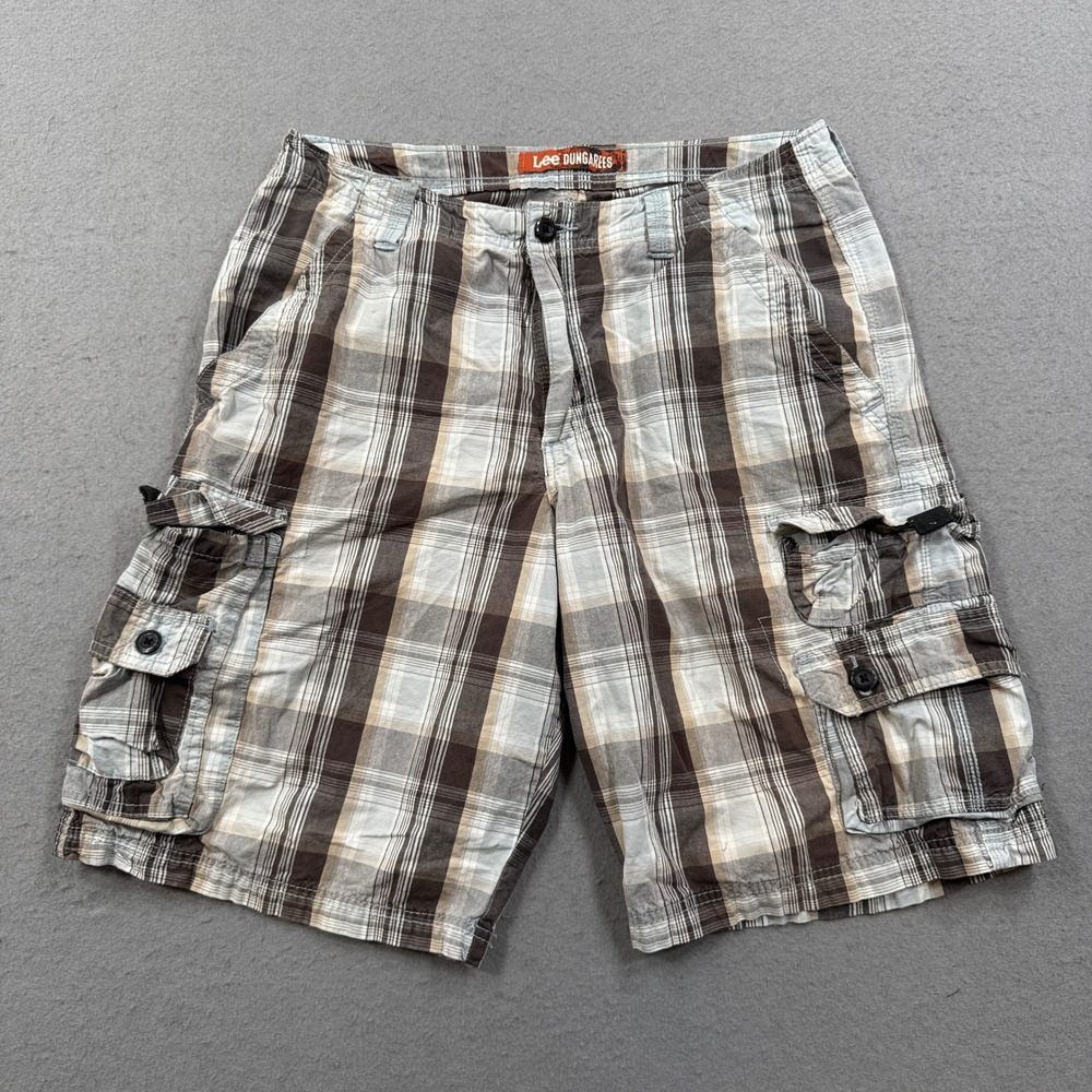 Lee Dungarees Cargo Shorts Men's 32 Brown Plaid Relaxed Fit Cotton Twill Utility